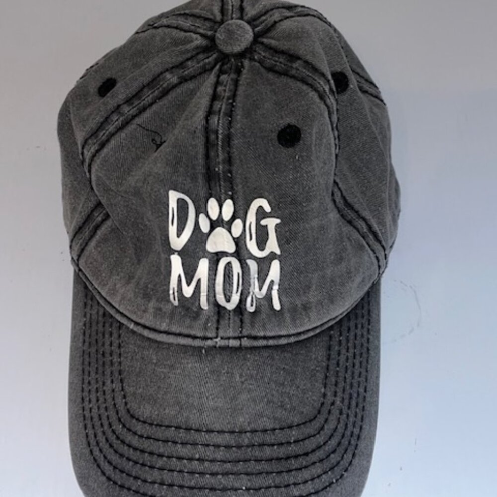 Gray cotton cap with 'Dog Mom' text and paw print with adjustable strap